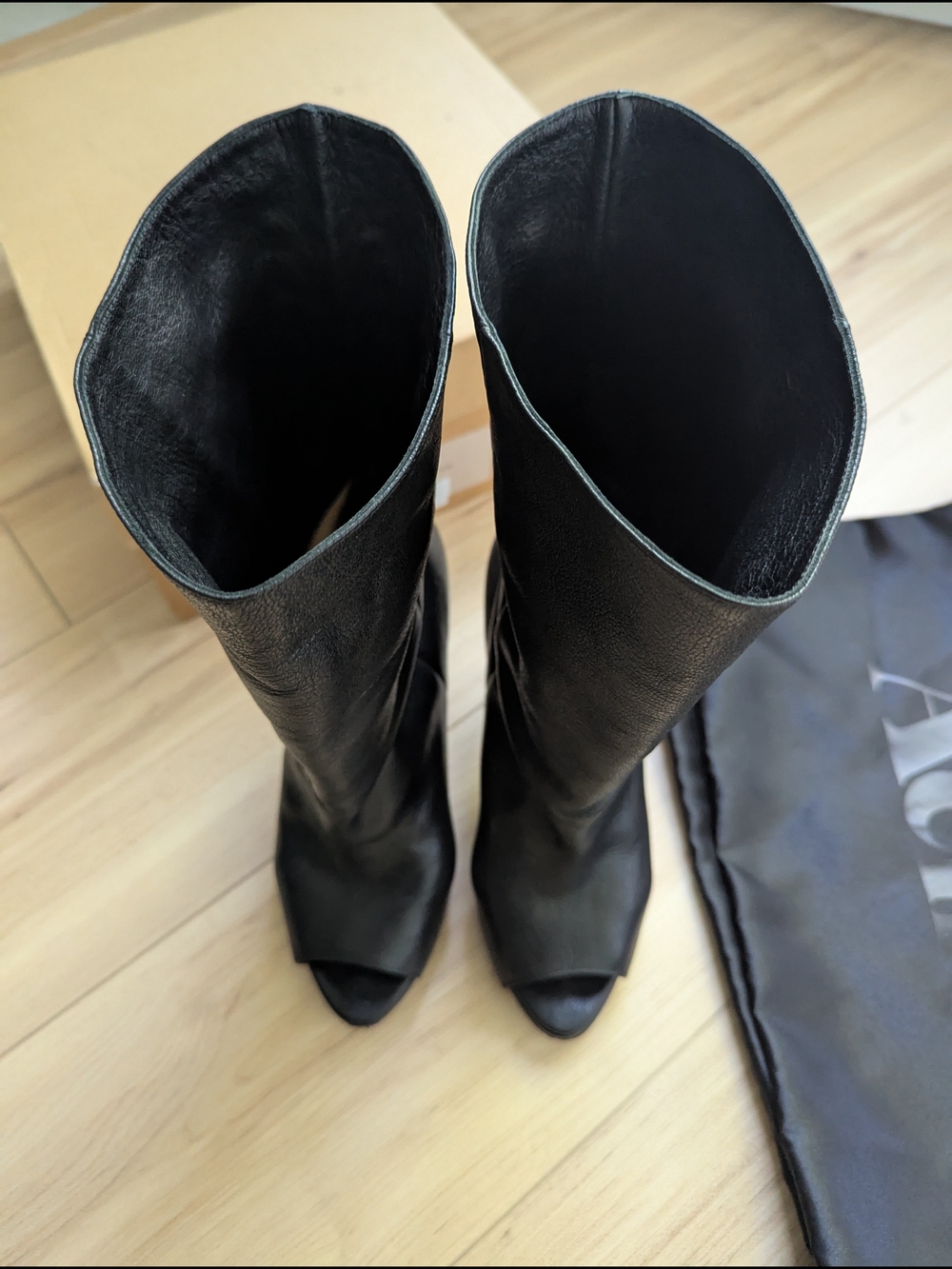 Acne Black Leather Peep-Toe Mid-Heel Ankle Boots - Picture 3 of 7
